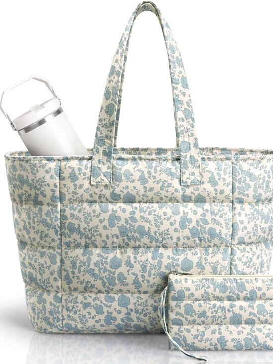 Jewelry - Puffer Tote Bag with Pouch, Women's Lightweight Quilted Shoulder Bag, 15.6"/17.3